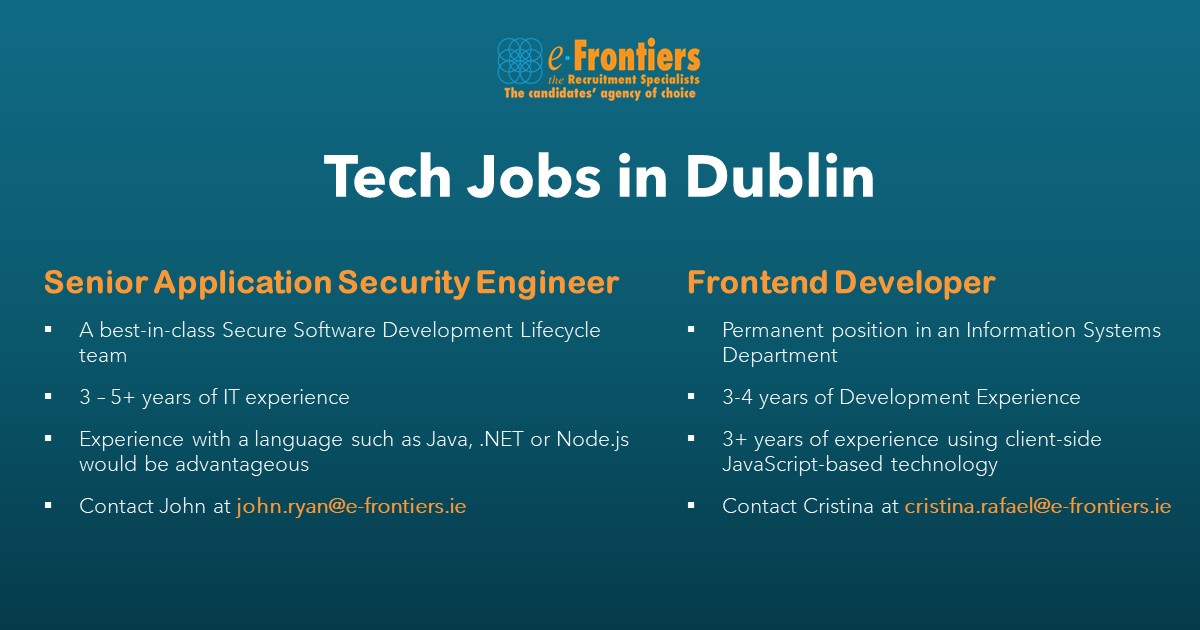 e_frontiers's tweet photo. There are more opportunities in tech in Dublin waiting for you. Please reach out to John (john.ryan@e-frontiers.ie) and Cristina (cristina.rafael@e-frontiers.ie).
https://t.co/6vfYa2eZB6
https://t.co/D8nxcgbX0X

#careeropportunities #careersintech #jobfairy https://t.co/QtjHuQu3BP