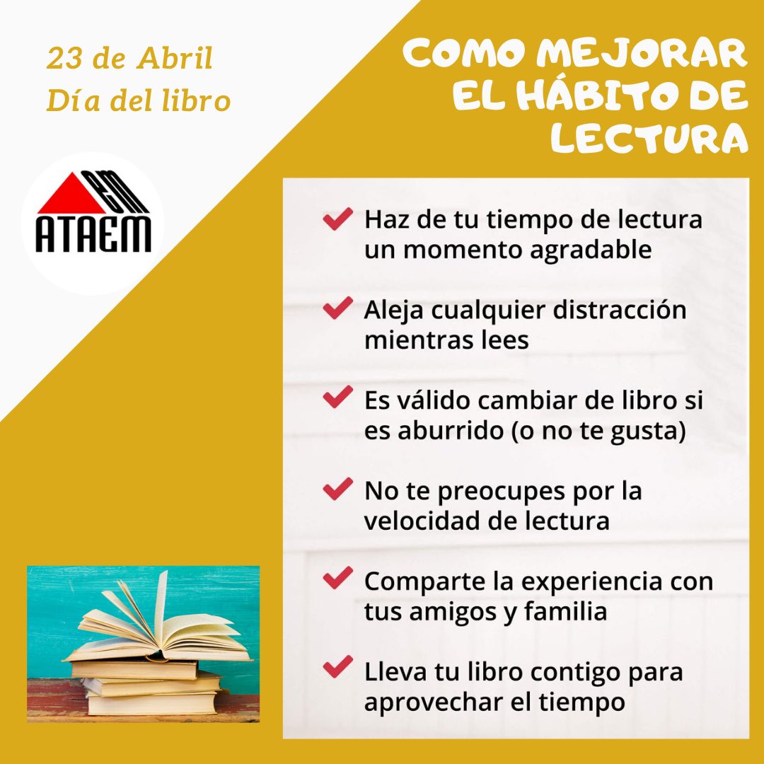 Feliz día del libro 📚 

Comparte con nosotros cuál es el último libro que has leído o cuál es tú favorito.

#ataem #hábitosdelectura #diadellibro #actividadesdeocioytiempolibre #terapiaocupacional