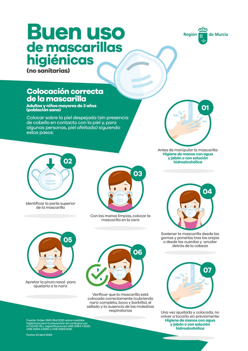 Murciasalud's tweet photo. 📢Recuerda: usar #mascarilla NO sustituye las medidas preventivas establecidas (distancia seguridad ↔️ , higiene de manos👐, pañuelos desechables🤧, etc.)

👇Sigue estas #recomendaciones para hacer un buen uso de las mascarillas higiénicas (no sanitarias)😷

#MurciaSalud #covid19 https://t.co/m53AyFY5Gq