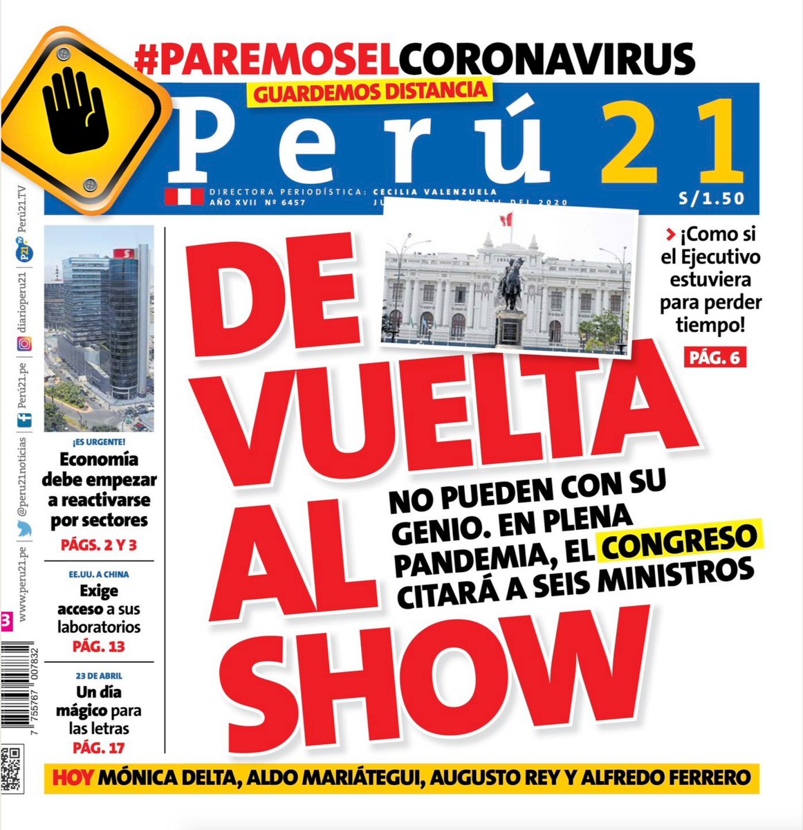 peru21noticias's tweet image. 🚨DE VUELTA AL SHOW
¡Buen día! Esta es nuestra portada impresa de hoy 🗞
No dejes de revisar la edición web de Perú21 ➤peru21.pe 
#Día39 #ParemosElCoronavirus #YoMeQuedoEnCasa
