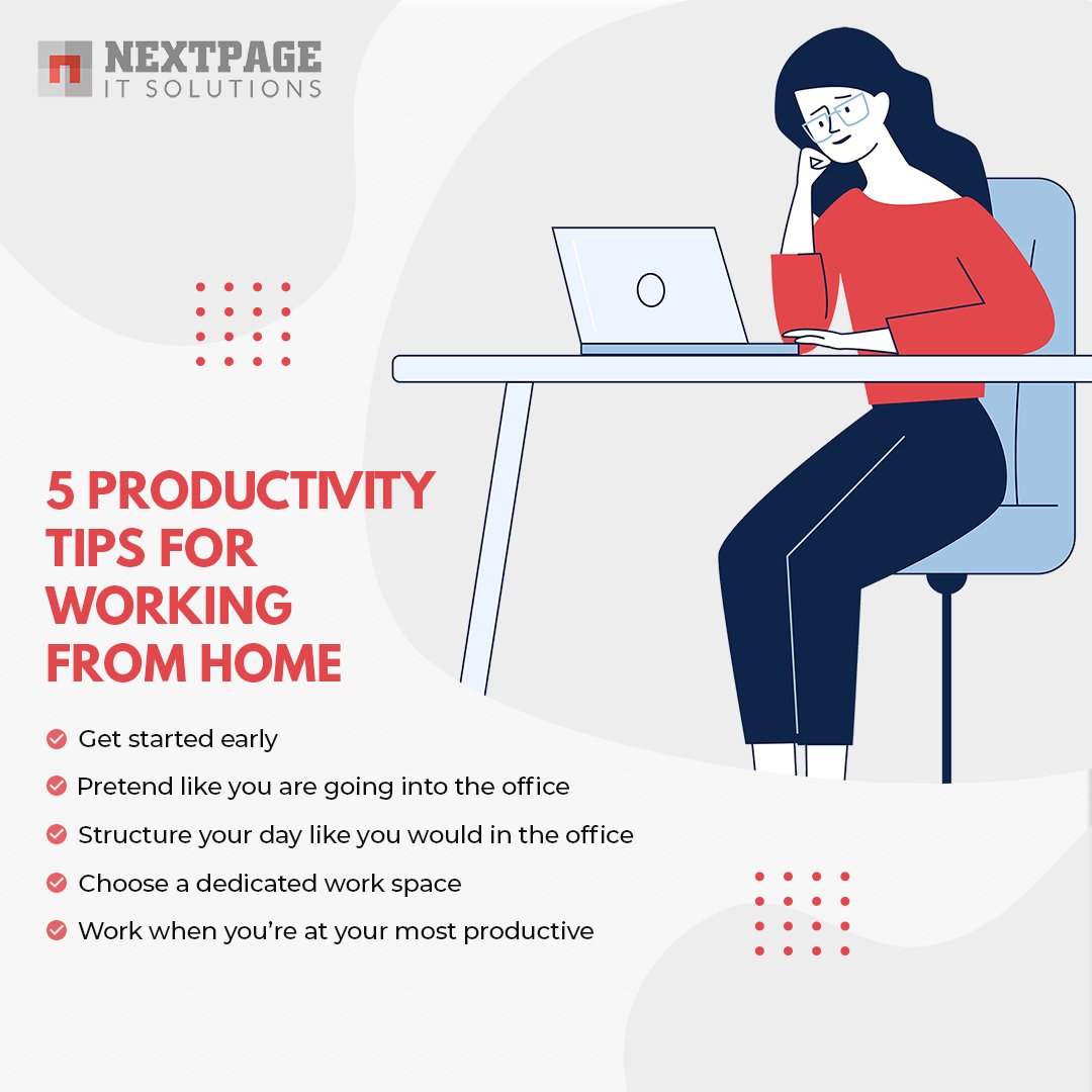 IT_NextPage's tweet image. Companies around the globe have rolled out mandatory remote work. Whether you’re a newbie or WFH veteran, here are 5 Productivity Tips for Working From Home.
#NextPage #WFH #Quarantine #Workmodeon #COVID19