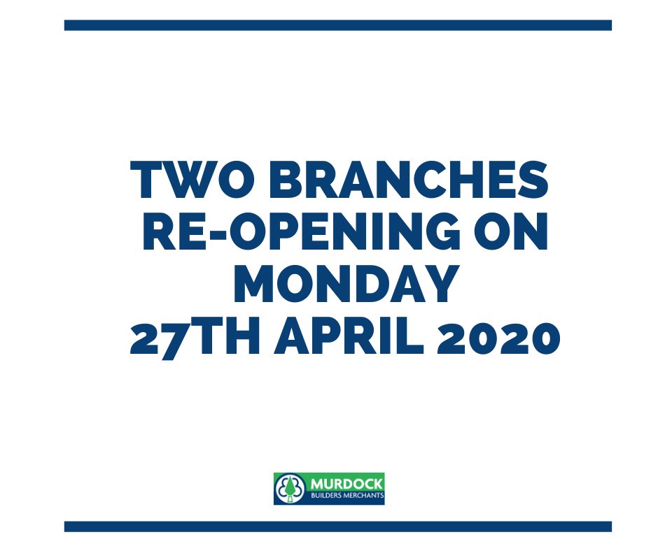 MurdockMerchant's tweet photo. We want to let you know that we will be re-opening two of our Branches on a controlled-access basis on Monday 27th April 2020 – our Newry Branch and our Belfast Kennedy Way Branch. Both Branches will cater for collected and delivered business. 

https://t.co/YhZaoKiViJ https://t.co/ckfRngzzcr