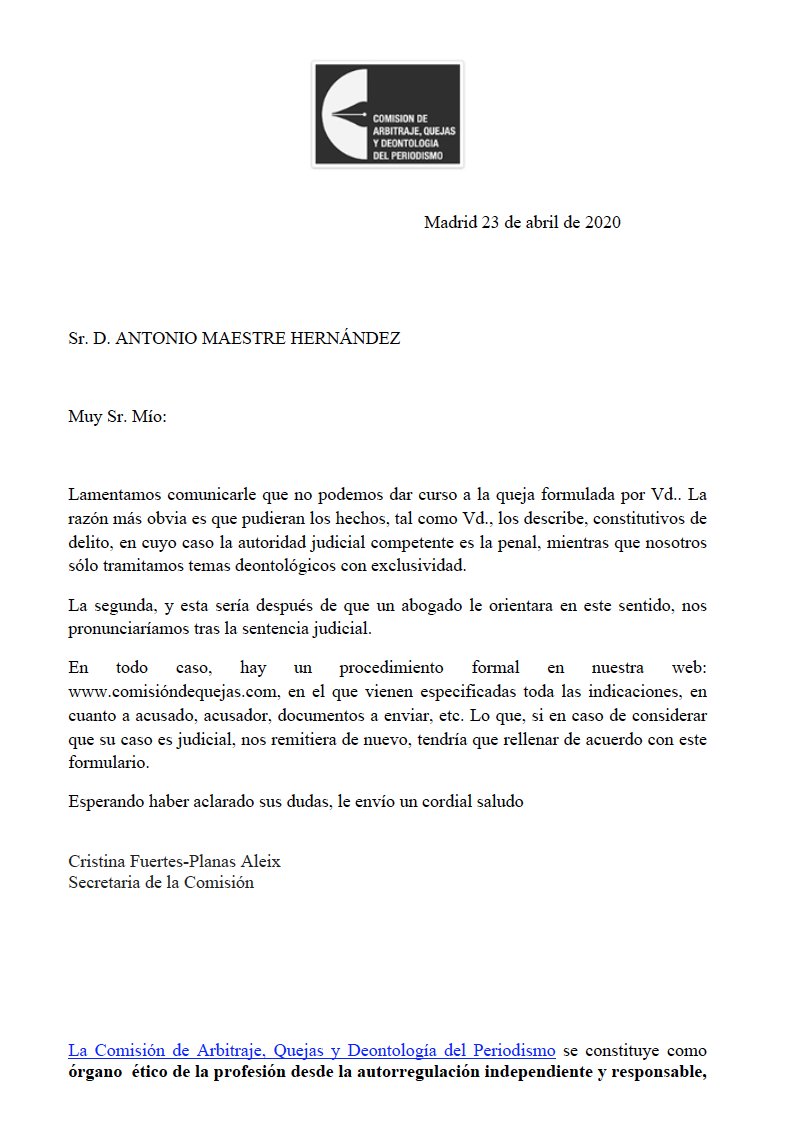 AntonioMaestre's tweet photo. Os voy a adjuntar la carta que la @aprensamadrid me ha remitido para decirme que no piensa darme amparo ante el señalamiento público de VOX hacia mi persona.

Consideran que los hechos son tan graves que son constitutivos de reproche penal. Y es por eso, que no me dan amparo https://t.co/hRpLuykQjV