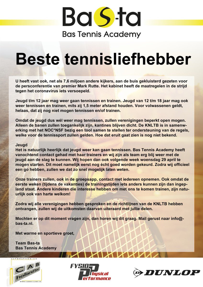 BastaTennisAc's tweet photo. Goed nieuws! Wat zijn wij ontzettend blij dat wij weer voor een deel mogen gaan starten met onze trainingen! Alle informatie, die tot nu toe bekend is, hebben wij verwerkt in een informatiebrief. #dunlop #cabholland #fysiopp #trainingen #groenlicht #go #starten #jeugd #tennis https://t.co/aNnhBehIz0