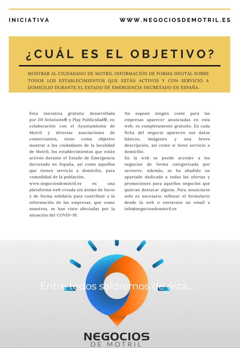 aytomotril's tweet photo. El @aytomotril amplía su carta de servicios en línea en apoyo  al sector comercial.
➡️En colaboración con asociaciones de comerciantes y con las empresas @HighHardware  y @guia_play_ , se crea una plataforma digital para informar de los negocios activos durante el confinamiento. https://t.co/48rKwGBqYE