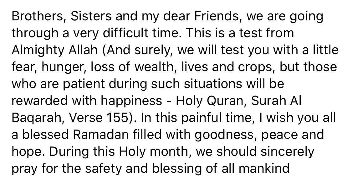 Yusuffali_MA's tweet photo. In this painful time, I wish you all a blessed #Ramadan filled with goodness, peace and hope. During this Holy month, we should sincerely pray for the safety and blessing of all mankind. https://t.co/W7Mu9py5LF