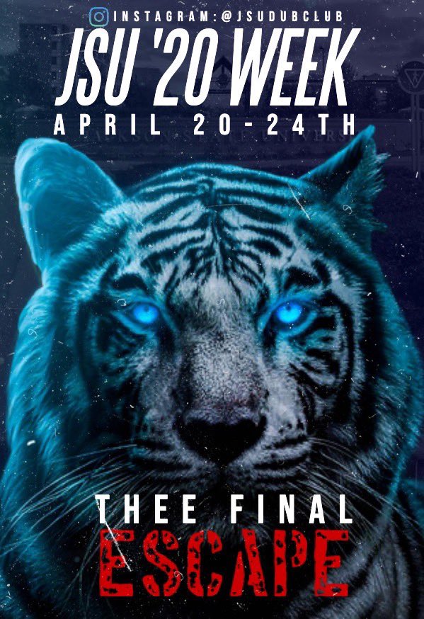 JSUSGA's tweet photo. It’s Day 4 of #THEEFINALESCAPE 🤫TUNE IN TODAY AT 7:00 pm on @jsudubclub for “Sync or Swim”, a lip sync battle hosted by the infamous @Aye_Its_Ken !!! Winner wins a free amazon echo dot shipped to them 😉 you don’t want to miss it 💙🐅 https://t.co/KFLQb5mboC
