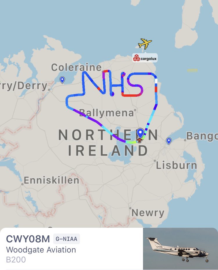 WoodgateAir's tweet photo. This afternoon we took to the sky above Northern Ireland in one of our fixed wing Air Ambulance’s to show our own appreciation to all frontline @NHSuk staff.🛩🌈 #NHS #ClapForOurCarers #ClapForTheNHS #COVID19 #aviation #bizav #avion @planefinder @Cargolux_Intl @belfastairport https://t.co/nwNDr4HGD8