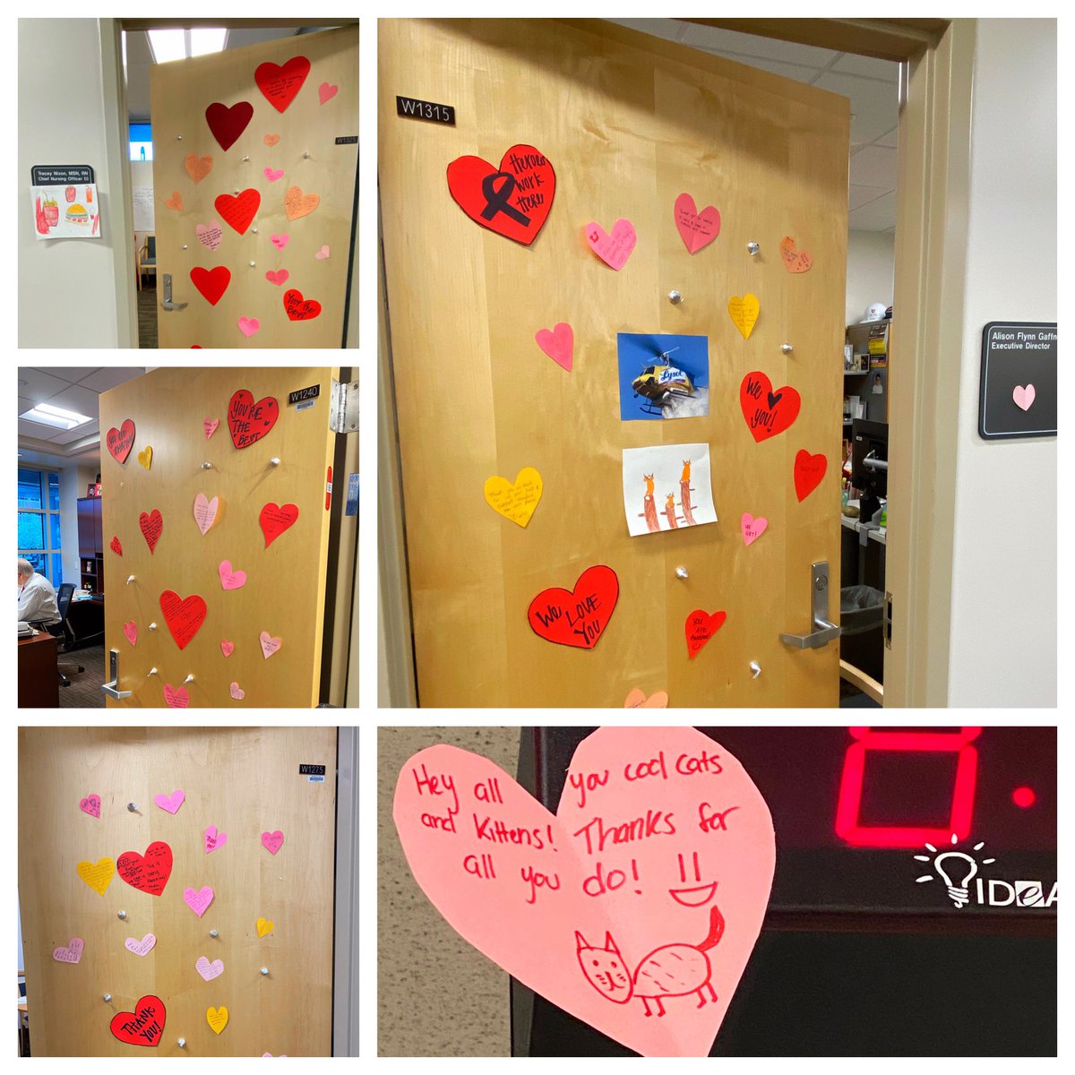 aliflynngaffney's tweet photo. ❤️💜💛🙌🏻😭 @UofUHealth THIS!!! Look what greeted us this am! Our doors were all decorated with 🥰 &amp; love &amp; notes of TY from our Nursing teams! WOW! 1st cry of the day!! THANK U all for everything U do!! I LOVE our teams!! #HealthcareHeroes #oneteamonemission https://t.co/LQVbCLhk91