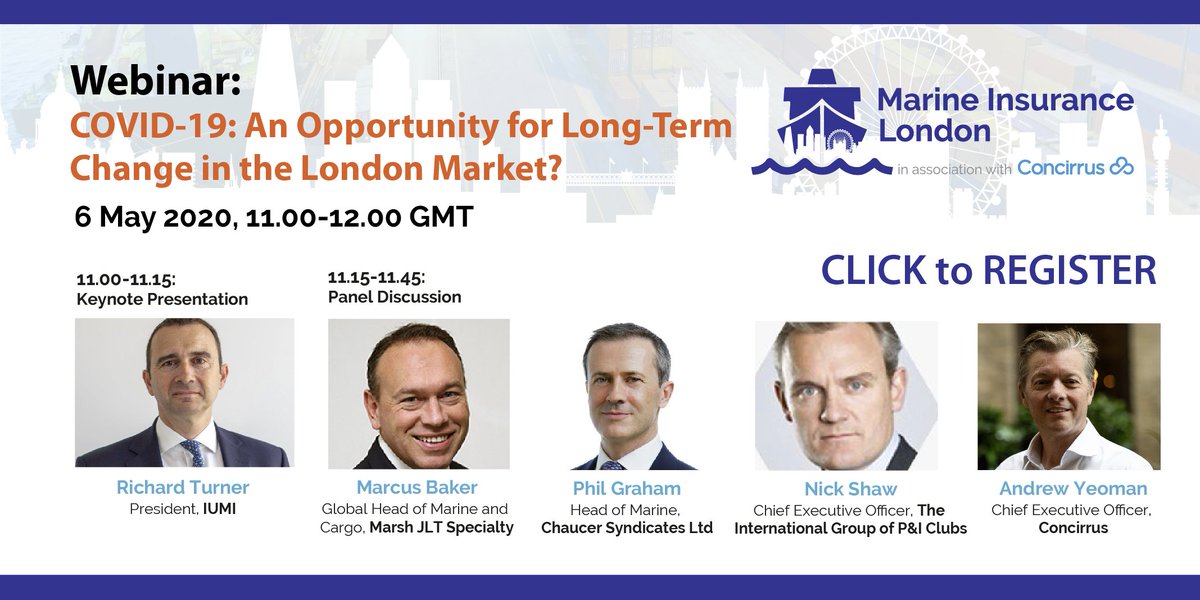 Join us for a WEBINAR with <a href="/concirrus/">Concirrus</a> on May 6th 2020 at 11.00 BST. In the first of a series, this webinar will cover whether Covid-19 brings an opportunity for long-term change to the London Market. Don't miss hearing from our distinguished panel! zoom.us/webinar/regist… #Marine