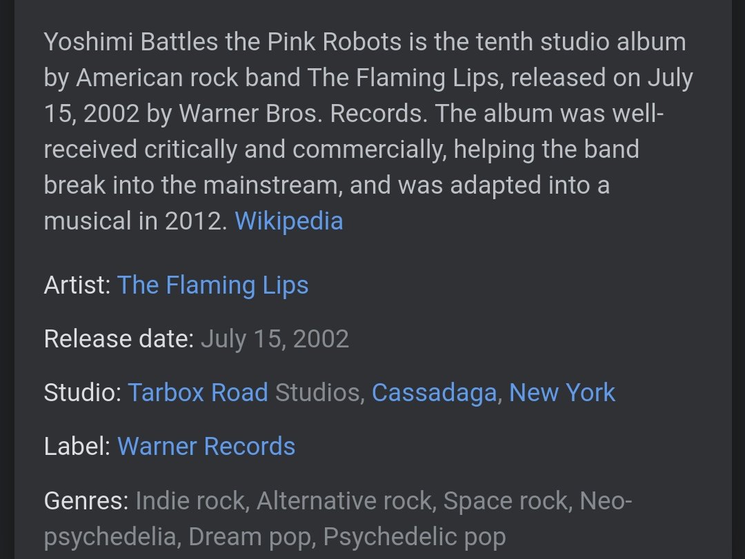 Yoshimi Battles The Pink Robots — The Flaming LipsSpecifically the first half of this album is a wonderful conceptual story while the second half is just good music. Although I wish it was more connected, it's a great listen.
