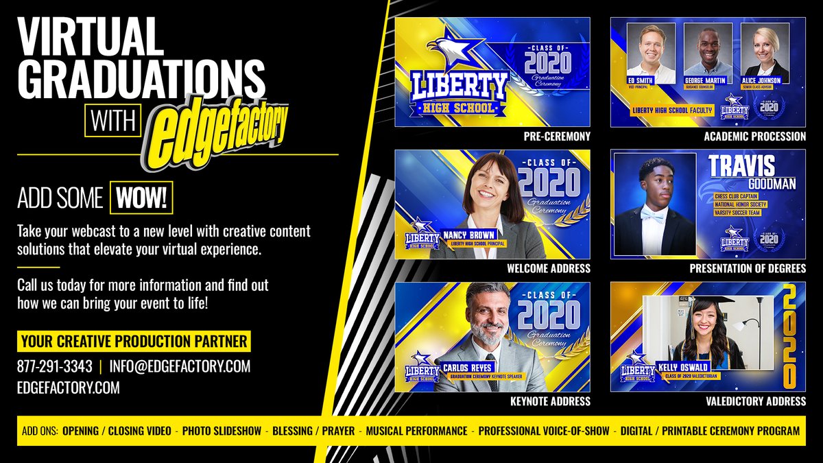 edgefactory's tweet photo. Excited to share new and innovative ways to improve virtual graduations through creative content.
Here’s a sample of what our design team has been working on.
Partnering with A/V and Production Companies to help add WOW to webcasts. #virtualgraduations #creativeproductionpartner https://t.co/8KhpbvamA3