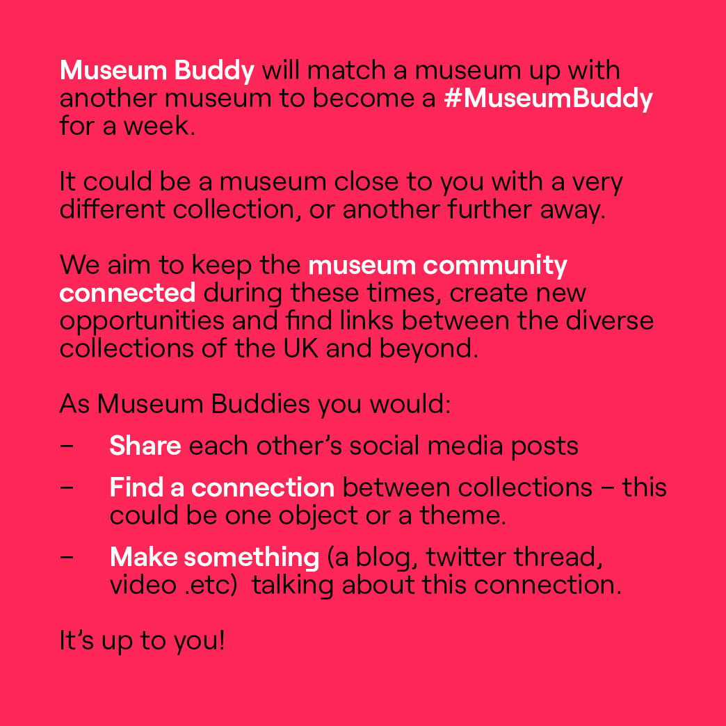 MuseumBuddy's tweet photo. Hey Twitter! Introducing #MuseumBuddy! We will match up museums to become buddies every week to share collections and content and keep the museum community connected! For more info or to sign up as a buddy, message us or email shannen.lang@peacemuseum.org.uk #MuseumFromHome https://t.co/CPeq48g8KV