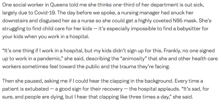 My conversation with a Queens hospital social worker was interrupted by clapping for someone being taken off of a ventilator.