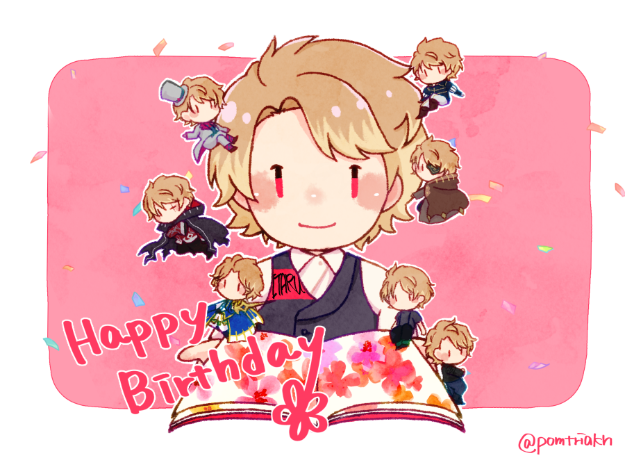 chibi happy birthday blonde hair red eyes male focus multiple persona book  illustration images