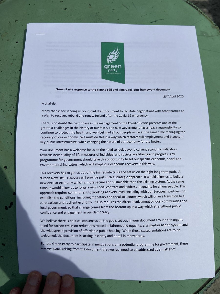 Here are the Greens’ 17 questions for FF and FG (1 of 2) -  @rodericogorman points out that not all are setting out red lines for their involvement; other are seeking clarifications on issues