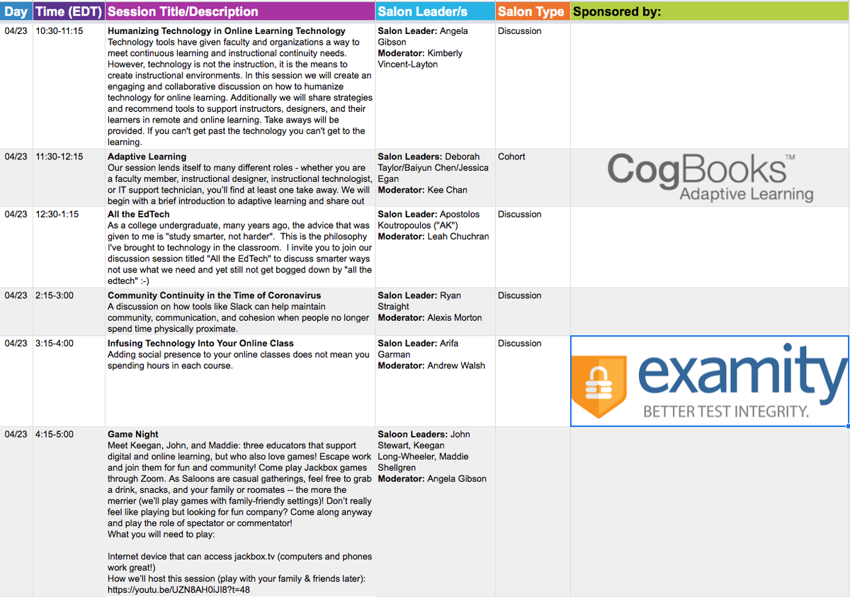 Day 3: #OLCIdeate. Register: bit.ly/34XsFNb
Today's line up:
🧟‍♀️ to 👩 ‍Humanizing Technology in Online Learning
✳️ Adaptive Learning
💻 All the EdTech
🤲 Community Continuity in the Time of Coronavirus
🤖 Infusing Technology to your Online Class
🎲 Game Night 🤠