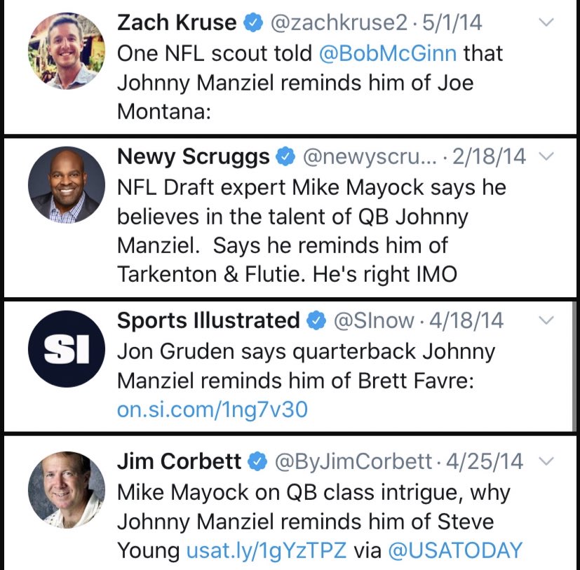 Johnny Manziel (2012) (Tweet 1/3) There are so many to choose from here.  @realDonaldTrump and  @SkipBayless are highlighted. Also, some great comparisons.