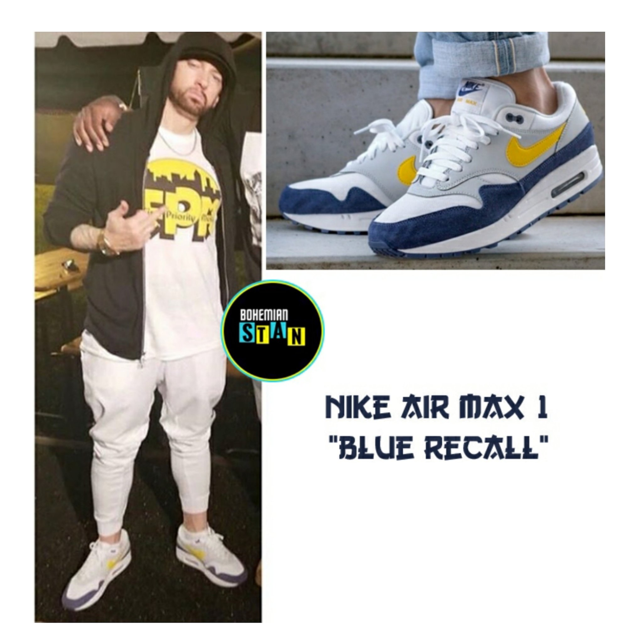 Bohemian STAN on X: 7. #FromEminemsWardrobe @eminem wearing here Nike Air  Max 1 Blue Recall Price in India- INR 12,200 . . . #Sneaker #Eminem #nike  #airmax #airmax1 #bluerecall #black #yellow #white #
