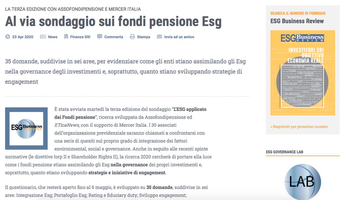 ETicaNews's tweet photo. Avviata martedì la terza edizione del #sondaggio “L’ESG applicato dai Fondi pensione”, ricerca sviluppata da #Assofondipensione ed #ETicaNews, con il supporto di @MercerItaly
https://t.co/YXo6j7ogfg https://t.co/ZJupjyLtae