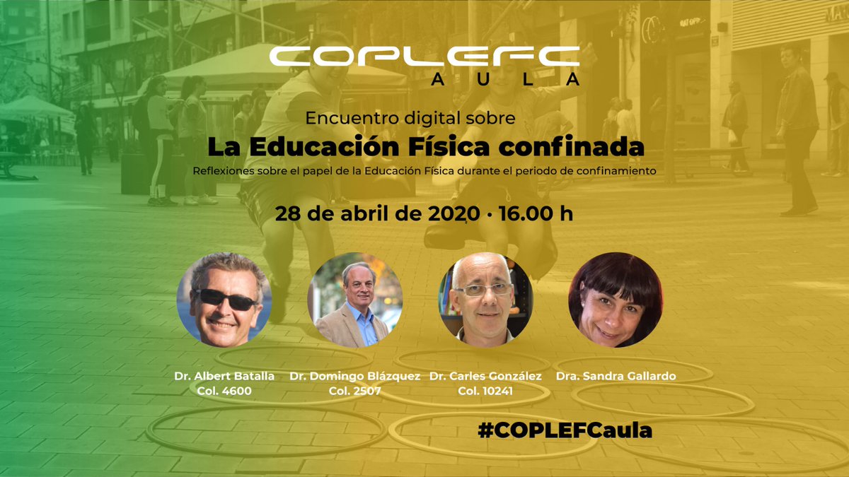 Encuentro digital sobre
LA EDUCACIÓN FÍSICA CONFINADA
Reflexiones sobre el papel de la Educación Física durante el periodo de confinamiento. 
Martes 28 de abril de 2020 a las 16h
Programa e inscripciones en el enlace
Organiza: COPLEFC <a href="/coplefc/">COPLEFC</a> coplefc.cat/content/la-edu…