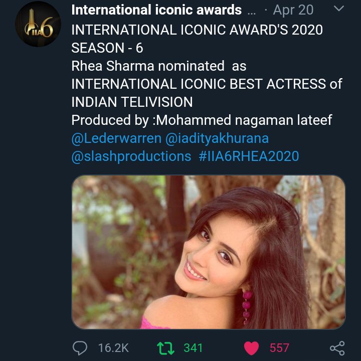 7.  #IIA6RHEA2020  #RheaSharma was trending with 16k tweets during her voting process and gained 16.2k votes and 557 likes in a day!