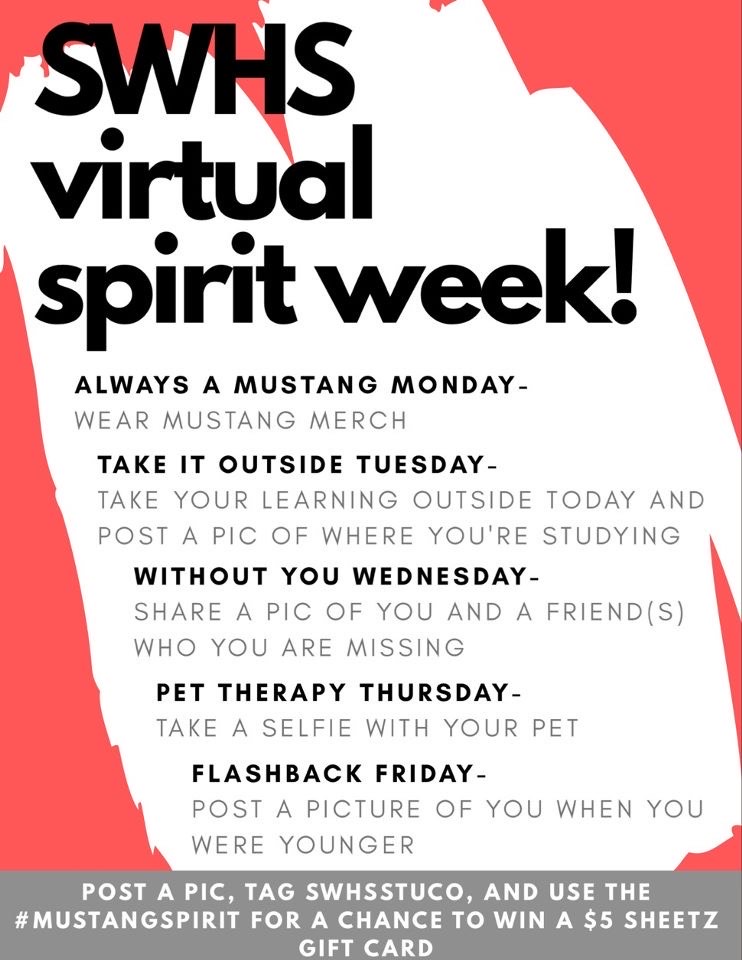 swhsmustangs's tweet image. SWHS Virtual Spirit Week! 4/27-5/1 #SWexcellence #swhsmustangs #MUSTANGSPIRIT