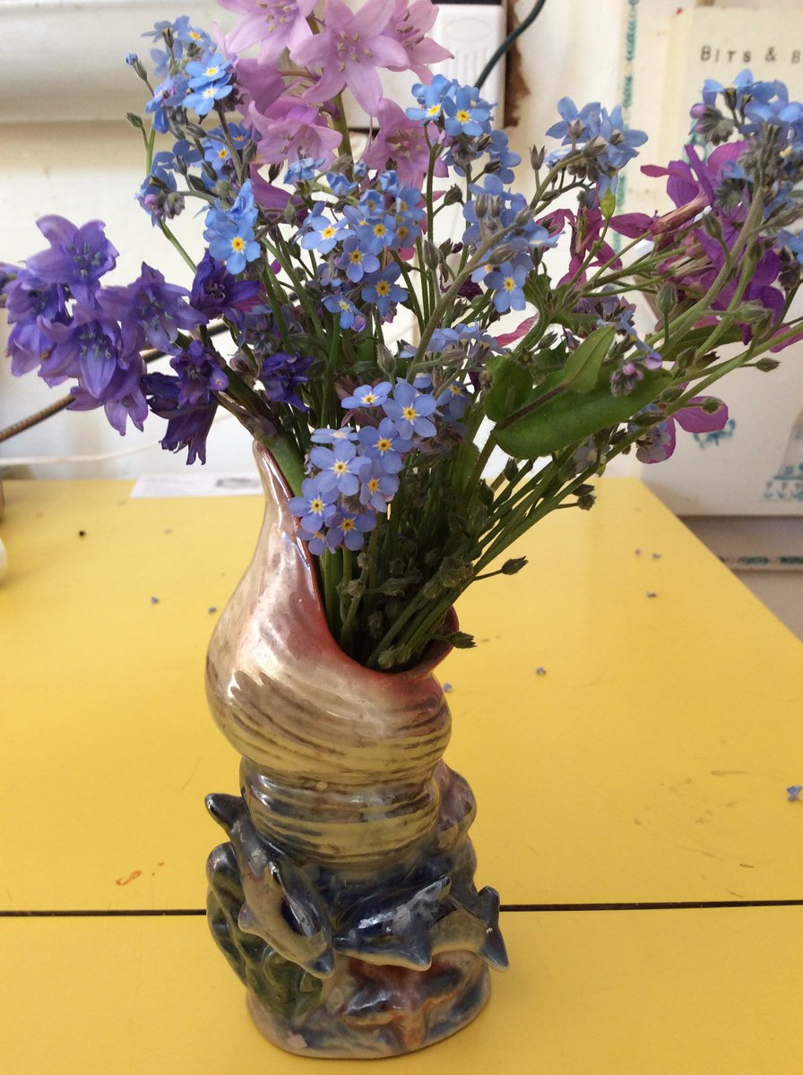 Kitchen table flowers in my hideous but favourite vase. I like a bit of lustre! ! #gardenflowers #favouritevase #forgetmenots #kitchentable