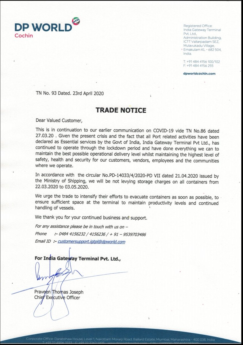 cochin_port's tweet photo. In compliance of directions of Ministry of Shipping, DP World operated Container Terminal at Cochin Port issues trade circular granting exemption in levying of storage charges on all containers during lock down period. 
This brings great relief to trade fraternity of Cochin Port https://t.co/BsYJr0NYER