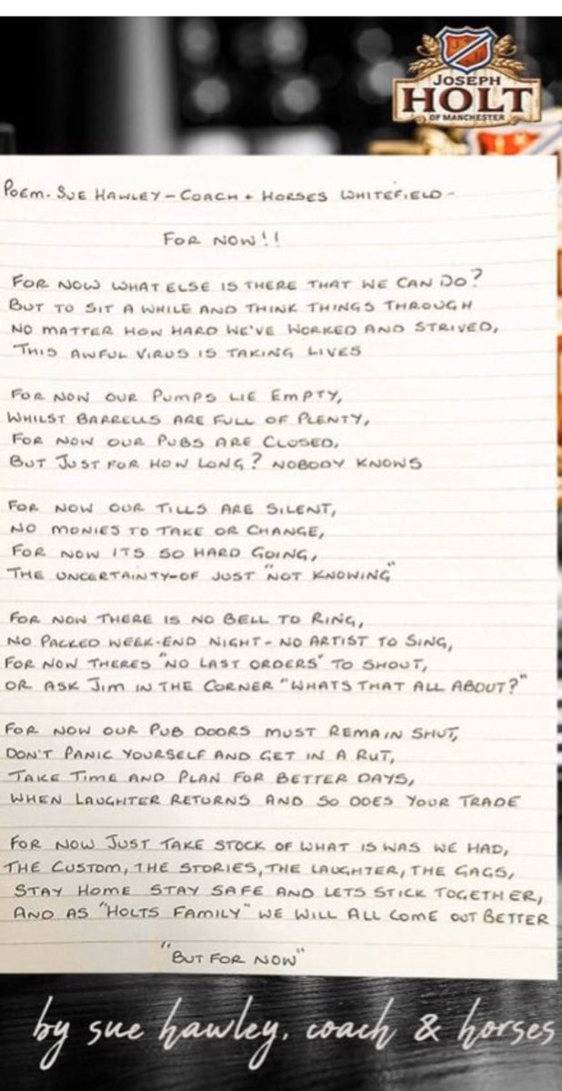 On this #StGeorgesDay <a href="/JosephHolt1849/">Joseph Holt Brewery</a> have this wonderful poem by our own multi-talented landlady, Sue for us to focus on. For now, we are apart, but hopefully we’ll be together again soon. Happy St George’s Day, and stay safe #ForNow