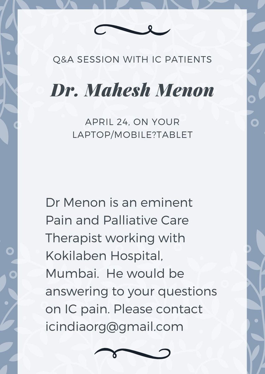 <a href="/algosdoctor/">Dr. Mahesh Menon</a> <a href="/CystitisIndia/">Interstitial Cystitis India</a> <a href="/ICIndiaForum/">ICI</a> <a href="/icnjill/">Jill Heidi Osborne ☮️ icnetwork.org</a> #interstitialcystitis #chronicpain #pain