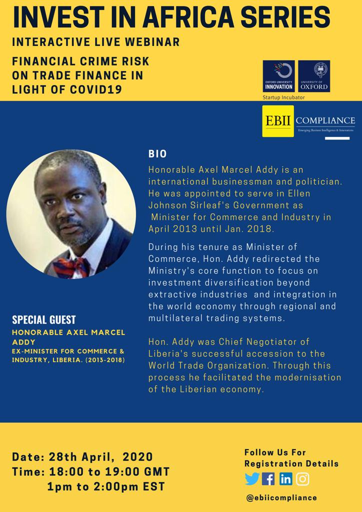 EBII Group (@ebiigroup) on Twitter photo Hon. Axel Marcel Addy, Ex. Liberian Minister of Trade and Commerce, will take part in our upcoming discussion about some of the key challenges that  stakeholders and policymakers will face in the light of Covid-19 and how to mitigate them.
Register today bit.ly/IIAs3 Hon. Axel Marcel Addy, Ex. Liberian Minister of Trade and Commerce, will take part in our upcoming discussion about some of the key challenges that  stakeholders and policymakers will face in the light of Covid-19 and how to mitigate them.
Register today bit.ly/IIAs3