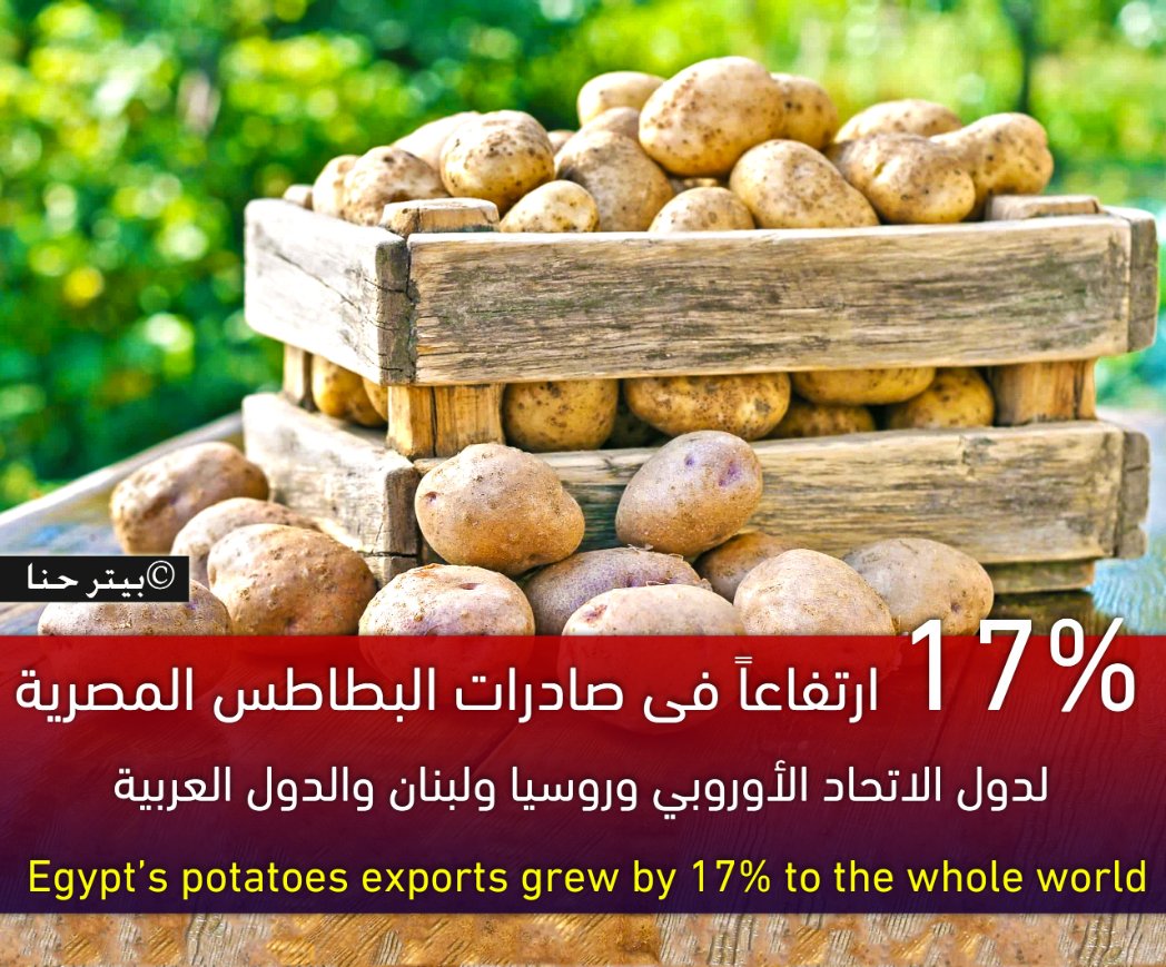 PeterHanna1's tweet photo. 17% ارتفاعاً فى صادرات البطاطس المصرية  لدول الاتحاد الأوروبي وروسيا ولبنان والدول العربية و العالم
الرابط: https://t.co/DDpmV2QuGu

Egypt’s potatoes exports grew by 17% to the whole world

#مصر_تصنع_المعجزات #استثمر_فى_مصر #Invest_in_Egypt #مصر_تصنع_التاريخ #تحيا_مصر #مصر_زراعة https://t.co/2efO6FSoqD