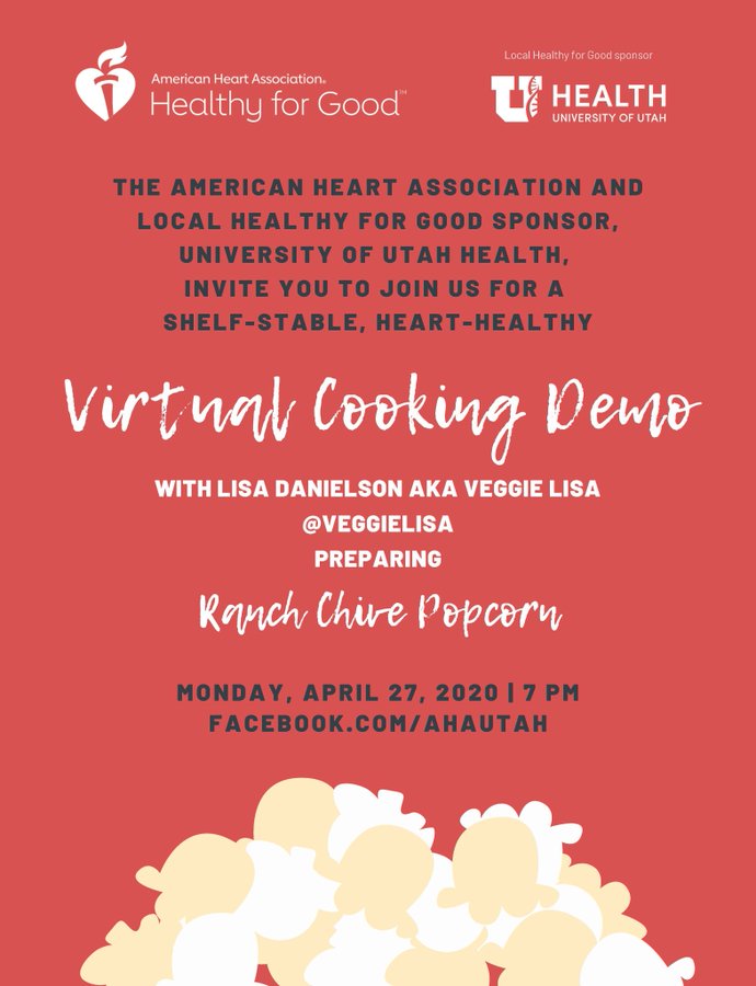 UofUCNC's tweet photo. We're thrilled to partner with
@AHAUtah
a special Virtual Cooking Demonstration from with everyone's favorite healthy foodie
@veggie_lisa
! Join us next Monday, April 27th at 7 p.m. for Ranch Chive Popcorn on Facebook.
#HealthforGoodUT
@UofUHealth https://t.co/90FoSzaODb