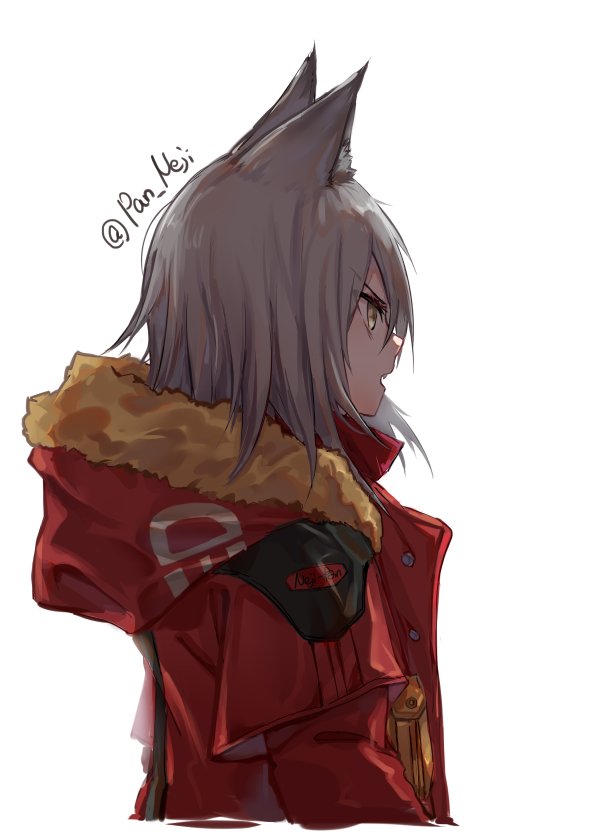 projekt red (arknights) 1girl animal ears solo wolf ears white background jacket fur trim  illustration images