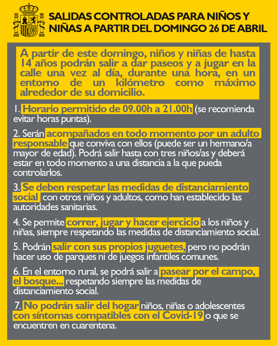DelegGobNavarra's tweet photo. 🔴 A partir de este domingo 26 de abril, los niños y niñas de hasta 14 años podrán salir a dar paseos y a jugar en la calle una vez al día, durante una hora, en un entorno de un kilómetro como máximo alrededor de su casa y acompañados de un adulto.

#EsteVirusLoParamosUnidos https://t.co/WoHZu1hHPl