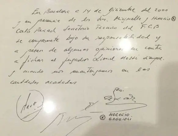 Through their relatives in Catalonia, Messi’s family arranged a trial with Barcelona in September 2000. The first team director was so impressed that he sought to sign him immediately. Having no paper at hand, he wrote Messi’s first contract on a paper napkin