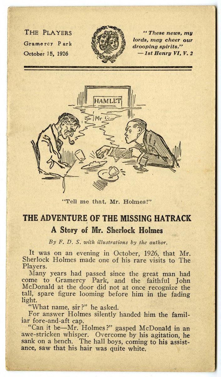 In honor of Wm Shakespeare, today's offering from Mr Steele  @SherlockUMN  @umnlib is a cover from The Players in NYC featuring a new Holmes adventure (with a nod to the Bard in the background). "The game's afoot: Follow your spirit, and upon this charge..."  http://purl.umn.edu/99937 