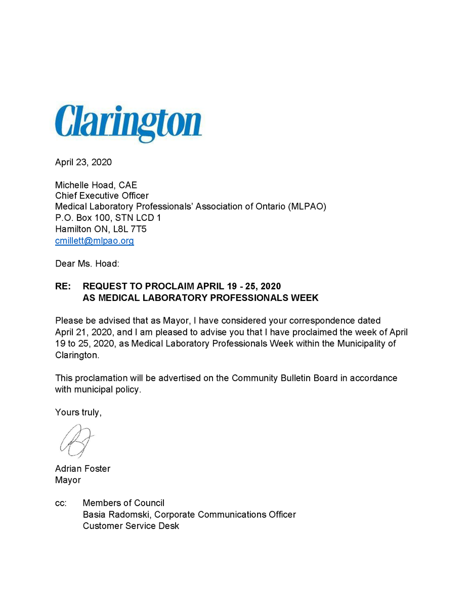 MLPAOnews's tweet photo. Thank you to Mayor Adrian Foster @ClaringtonAF for joining Mayor @JohnTory in celebrating and recognizing MLTs, MLA/Ts, and other medical laboratory professionals. Happy Med Lab Week from @ClaringtonON! ๐
#medlabthx #mlw2020ON #labweek2020 #virtuallabweek https://t.co/bcvg46CZ1k
