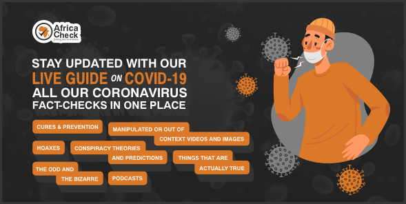 AfricaCheck_NG's tweet photo. Stay updated with our #COVID19 fact-checks.
They include #cures & #prevention, hoaxes, half-truths & #scams, #ConspiracyTheories & #predictions
Please, regularly read & share this #LiveGuide with friends & family using #CoronaVirusFacts
Click the link: https://t.co/zskqcDcBPq https://t.co/H7CDauBSX1