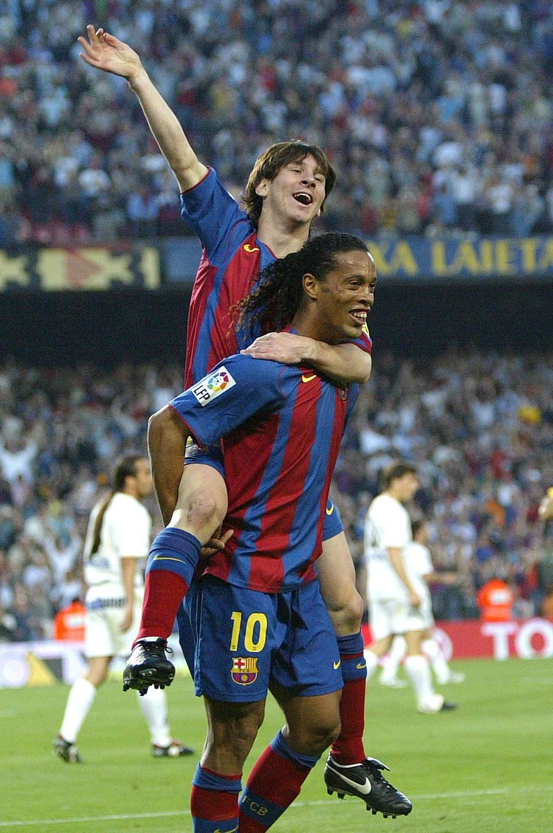 Messi’s first senior goal was assisted by Ronaldinho . On his 18th birthday, Messi signed his first contract as a senior team player. He had a buy-out clause of €150 million and the contract extended until 2010.