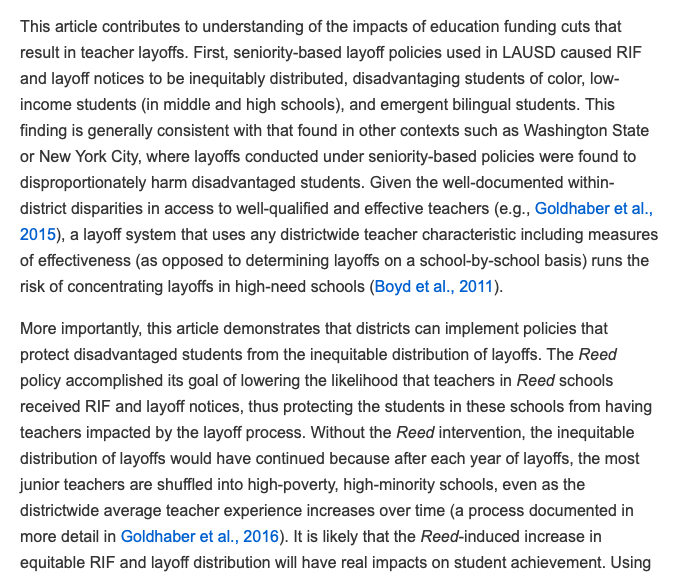 7/In some districts -- eg Los Angeles -- low-income and Black and Hispanic students were more likely to be affected by teacher layoffs  https://journals.sagepub.com/doi/10.3102/0013189X16670899 (study again via  @dsknight84)