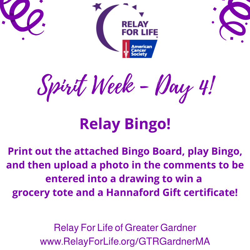GtrGardnerRFL's tweet photo. Spirit Week – Day 4! Time for some Relay BINGO! Head over to our Facebook page to participate! #relayforlife #relayforlifegreatergardner https://t.co/PYwAz8fgyZ