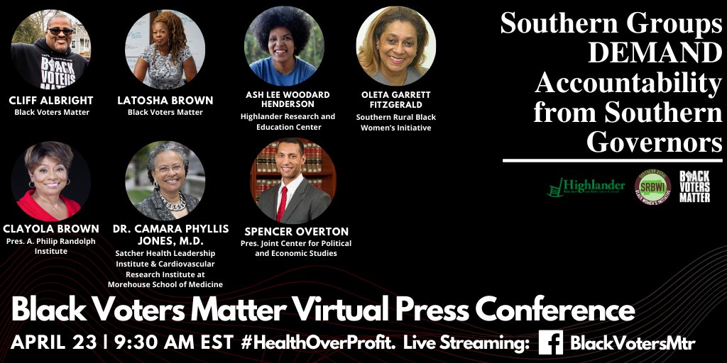 We're going LIVE on Facebook in 30 mins! We demand that Southern Governors take action to ensure the health and safety of all before reopening! Hear from our Co-Founders, partners, health experts, and more! Tweet us with the hashtag  #HealthOverProfit  https://www.facebook.com/BlackVotersMtr/ 