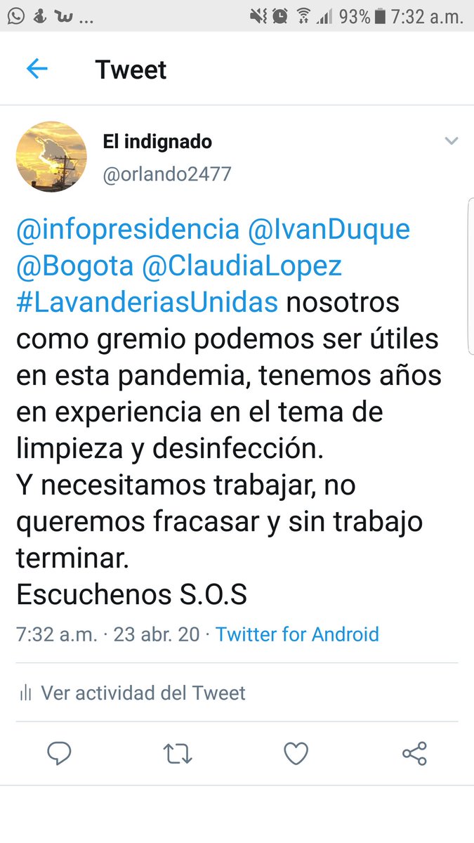 LavanderiasUni1's tweet photo. Todo el gremio de las lavandería preocupado  porque pasan los días y a nosotros que somos especialistas en aseo y desinfección no nos dejan trabajar. 
Muchos puestos de madres y padres cabeza de hogar están en riesgo. @ClaudiaLopez @IvanDuque  #LavanderiasUnidas https://t.co/jegYJe7Qm3