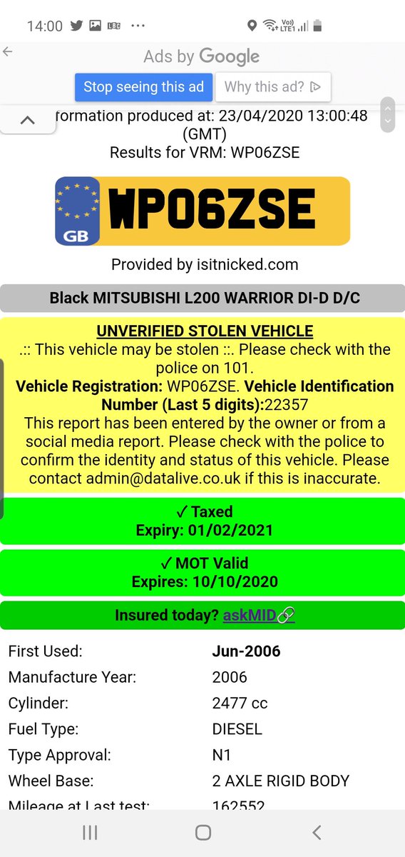 livestreamdata's tweet photo. Recently #stolen from #Essex already on https://t.co/SatbYzODIj won't show on other sites for hours. Eyes peeled parked up call 101 on the move/people with it 999 Mitsubishi check #FREE on https://t.co/SatbYzODIj https://t.co/u0FjlXyfqB