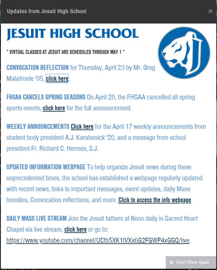 JesuitTampaFL's tweet photo. Today's great Convocation reflection is by English department head @MrMalAMDG '05.
https://t.co/Rr5lJmh3Mc

For recent school news go to the Jesuit homepage (https://t.co/8DhlU2IqEf) and for all of the school news from this virtual period go to https://t.co/EIIWHiTjvQ.

#AMDG https://t.co/3c16m73xH8