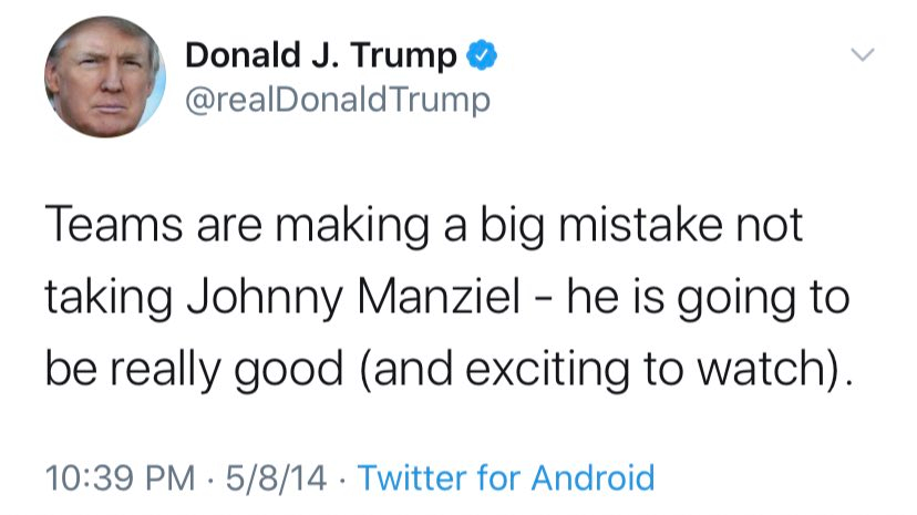 NWhiteAuthor's tweet photo. For those of you wondering if #Trump is ever right about anything.  
And in honor of tonight's #NFLDraft … there's always a tweet for every occasion.

#TrumpIsAnIdiot Johnny Manziel https://t.co/r2FYoYJYW7