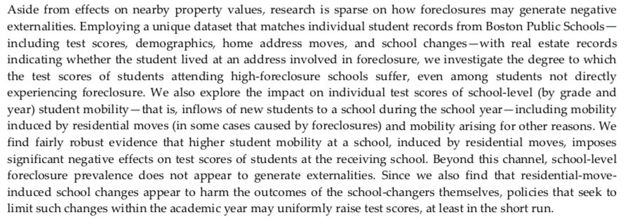 12/Increases in student mobility from the downturn (and foreclosures specifically) hurt affected students and their classmates  https://files.eric.ed.gov/fulltext/ED564126.pdf