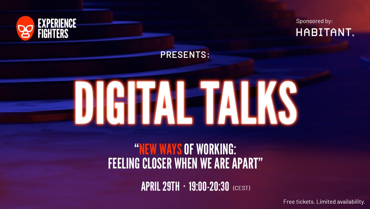 You're invited to the 1st Experience Fighters | Digital Talks on April 29th at 19:00 (CEST) - in partnership with @habitant_es. Join <a href="/sdgates/">Stephen Gates</a> / <a href="/InVisionApp/">Freehand by InVision</a> and <a href="/janekatewong/">Jane Kate Wong</a> / <a href="/frogdesign/">frog</a>.  
Register: bit.ly/EXFDigitalTalks
#EXF20 #EXF20DigitalTalks
